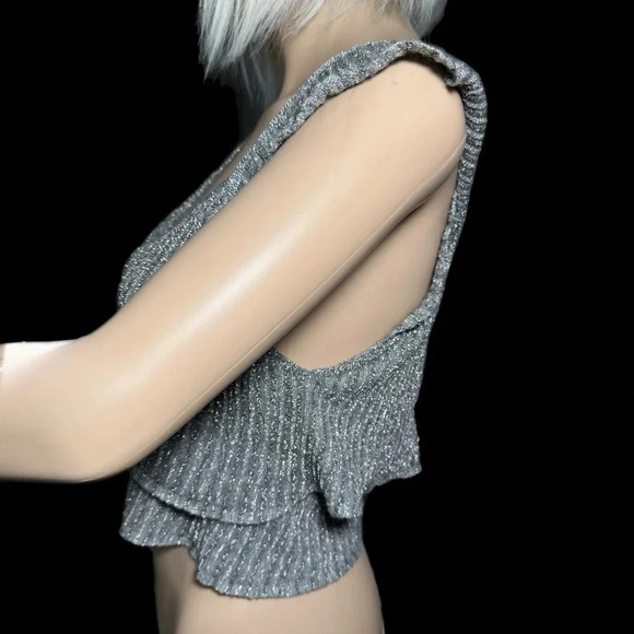 Armani Exchange Y2K Cropped Metallic Silver Knit Ruffle Cropped Tank Top XS - Picture 2 of 8